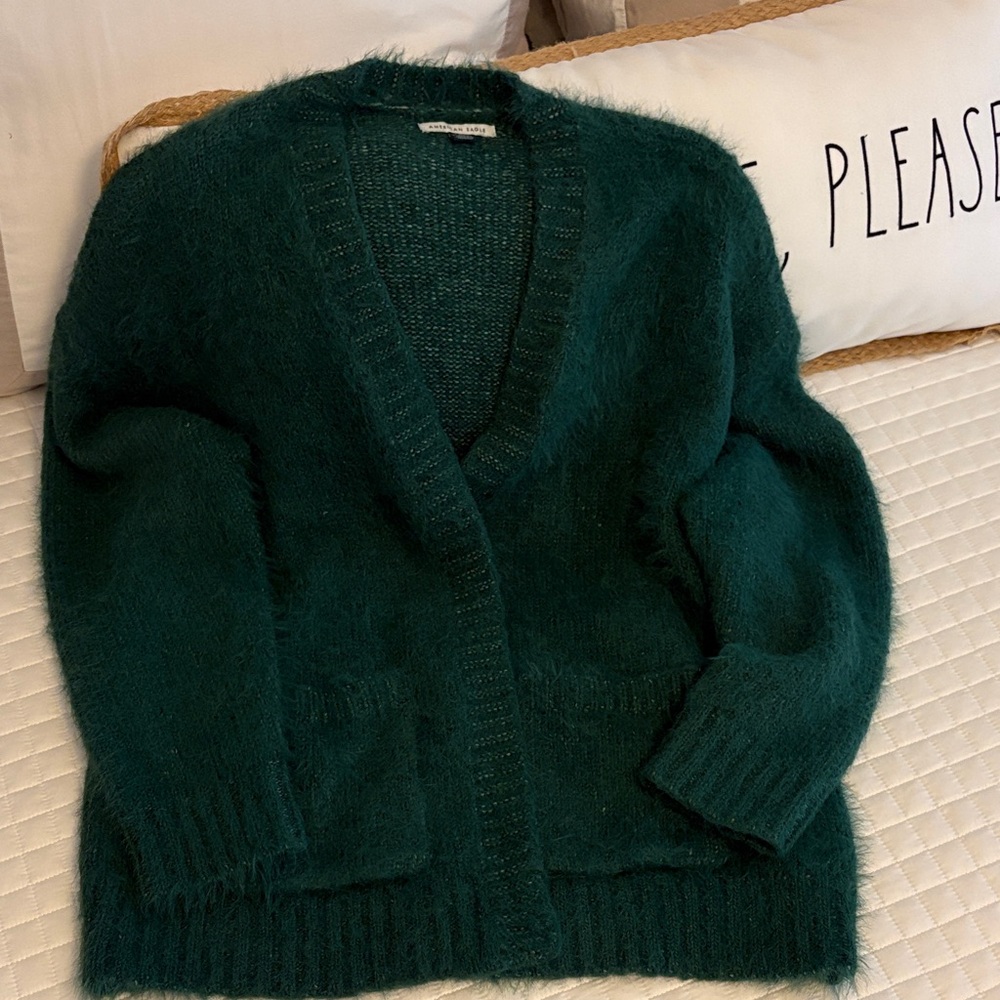 American Eagle Outfitters Teal Fuzzy Open-Front Cardigan